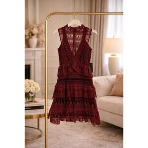 Self Portrait Burgundy Guipure Lace Mini Dress 0 Tiered Cocktail Party Wedding